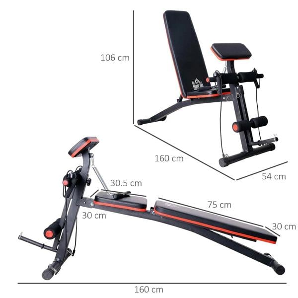 Adjustable weight bench with red-trim backrest and foot pads, size layout diagram
