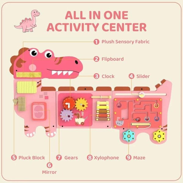 Bobobiy Busy Board Panels, Wall Mounted Montessori Inspired Busy Board, Toddler Learning Centre Dinosaur Theme, Pink