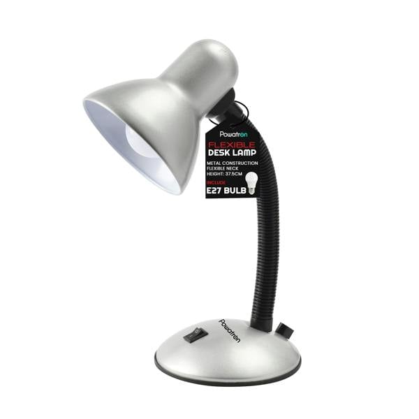 Powatron Flexible Desk Lamp with Bulb Adjustable Neck Metal Construction On/Off Switch & 1.5m Cable W/BS Approved Plug Mains Powered Desk Lamps