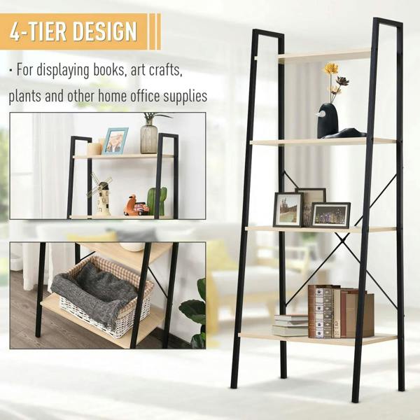 Black metal 4-tier ladder shelf with light wood shelves for displaying books and decor