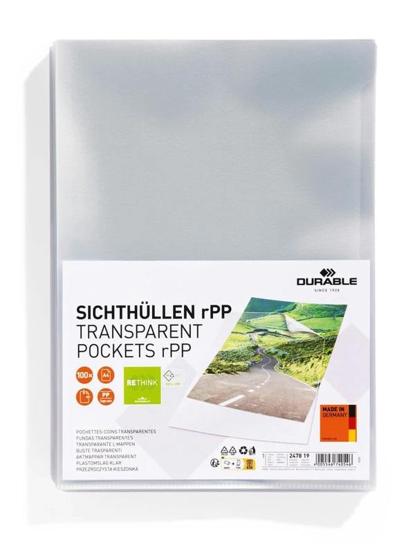 Durable Transparent Punched Pockets Sleeve Wallets rPP | 100 Pack | A4 Clear