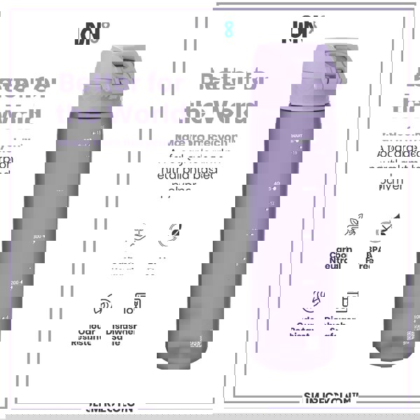A lavender water bottle sits against a white background. It is made from a plant-based polymer, and is BPA free, odour resistant, and dishwasher safe. The bottle shows measurements in milliliters and ounces.