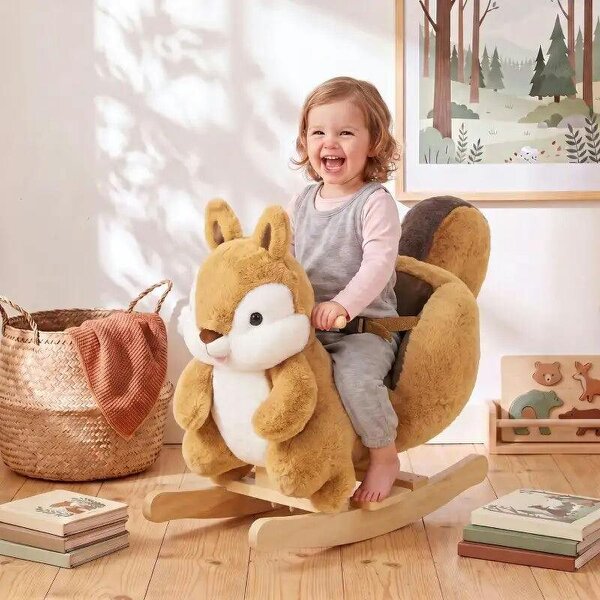 Rocking Horse, Stable Plush Ride on Horse Squirrel Design with Animal Sounds, Security Belt for Toddlers 1-3 Y, Brown - Brown