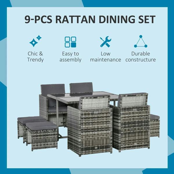 Grey rattan dining set with table and chairs, 9-piece set shown on diagram