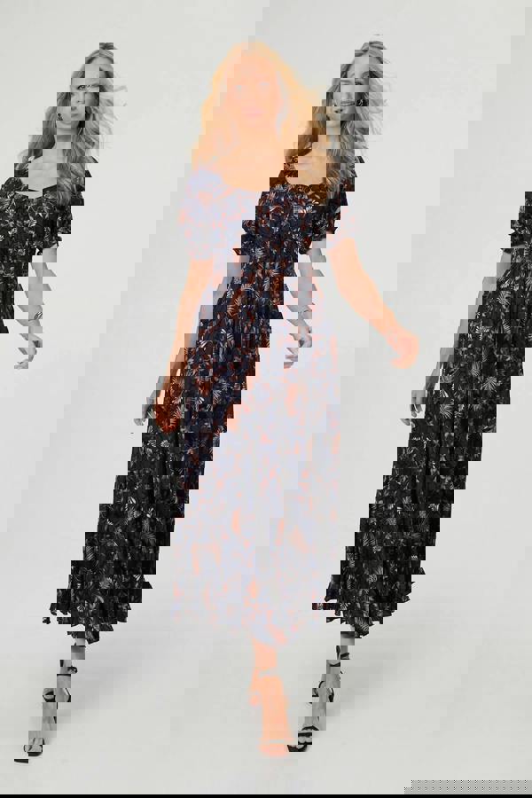 Navy | Leaf Print Short Puff Sleeve Maxi Dress
