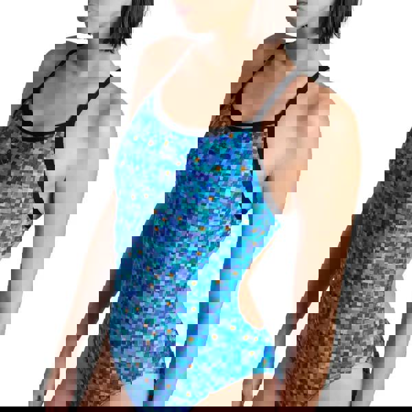 Arena Pooltiles Challenge blue pixelated one-piece swimsuit with black trim