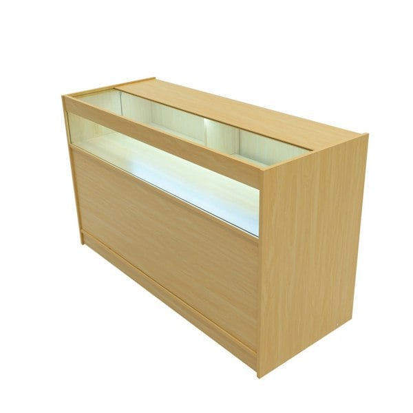 Adonis LED Shop Counter Set in maple finish, featuring a sleek design, glass display top, and illuminated interior for showcasing products