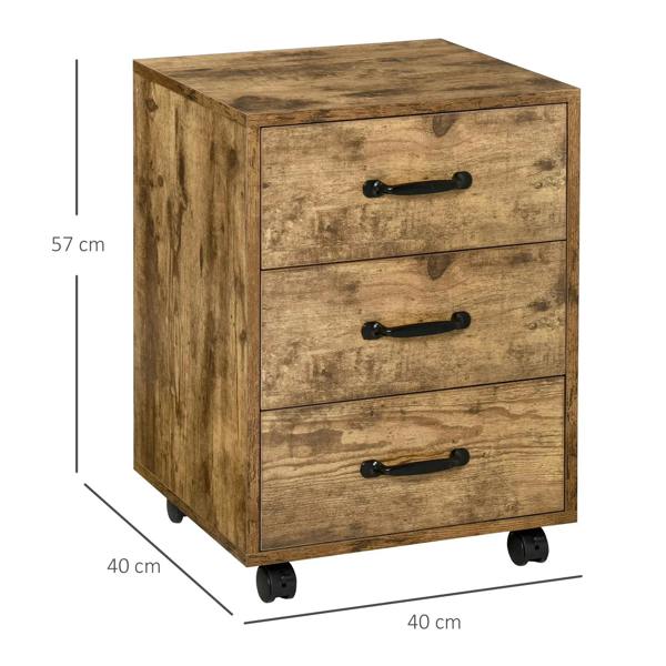 Mobile file cabinet, rustic brown, three drawers with black handles, on caster wheels