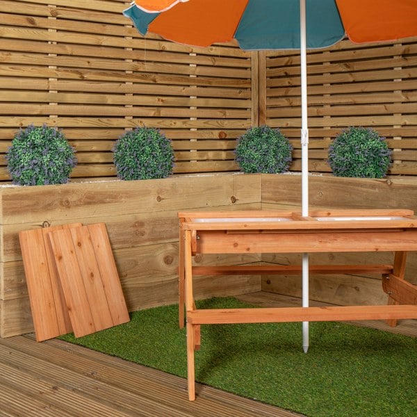 Samuel Alexander Kids Outdoor Wooden Picnic & Activity Table with Removable Plastic Trays & Parasol