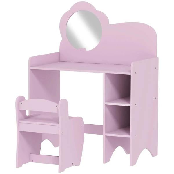 Kids purple vanity table set with round mirror and matching stool, open shelves.