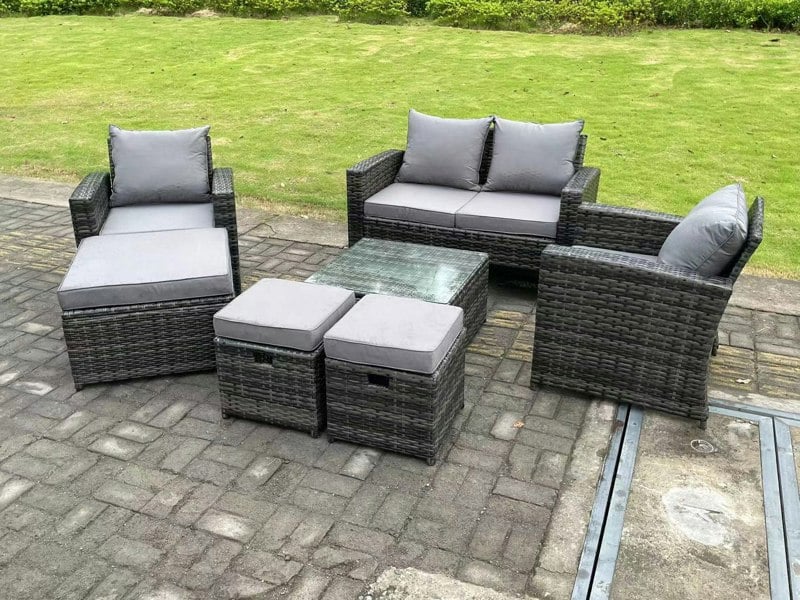 Fimous 7 Seater Dark Grey Mixed High Back Rattan Sofa Set Square Coffee Table Garden Furniture Outdoor 3 Stools