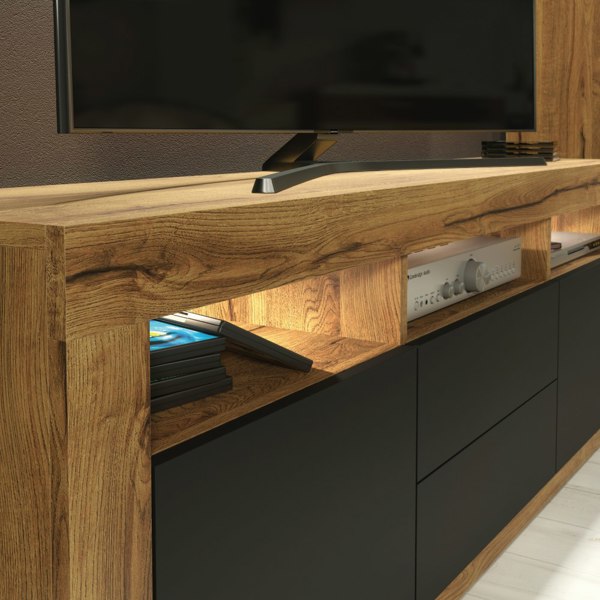 Mex Furniture Spacious 160cm TV Unit & Sideboard Cabinet with Black Matt Doors and Free LED