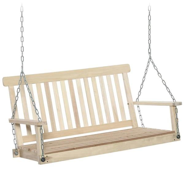 Natural 2-seater wooden porch swing bench with slatted seat, backrest, and hanging chains