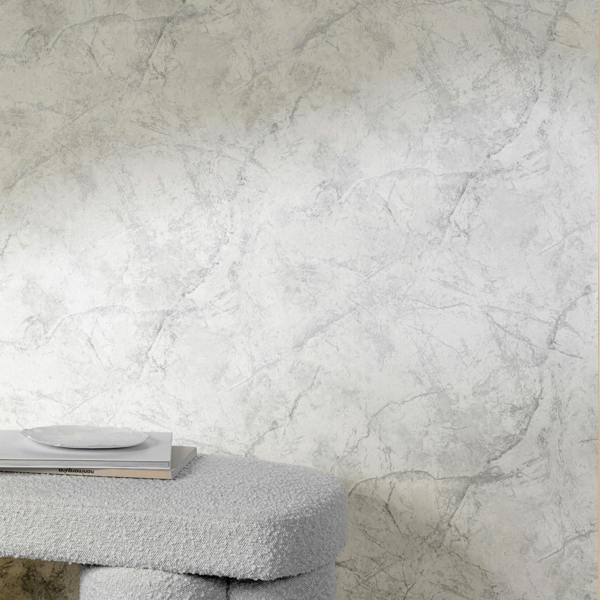Grandeco Thassos Silver Thread Marble Textured Wallpaper, White