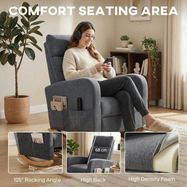 Upholstered Rocking Chair Retractable Footrest Rocker Chair High Back for Living Room Grey