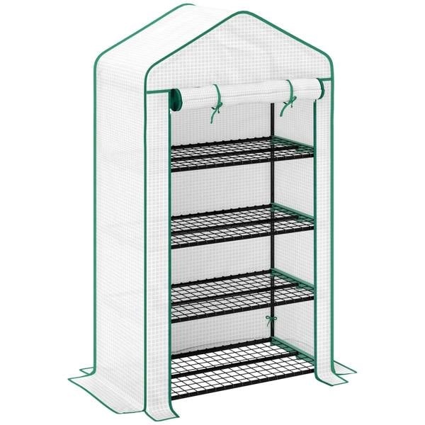 Four-tier mini greenhouse with white plastic cover and green frame, open wire shelves