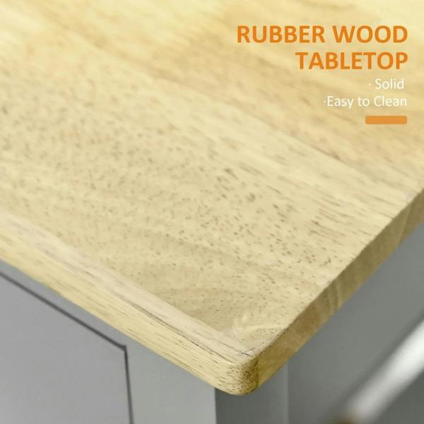 Rubberwood tabletop corner on grey kitchen trolley with smooth rounded edge