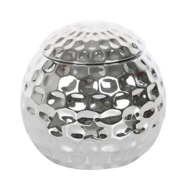 Mirrored silver disco ball oil burner with star cutouts, capped top view