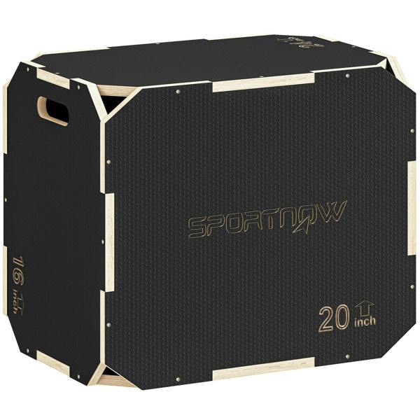 Black non-slip plyo box with textured sides, wooden frame, cutout handle, 20 inch