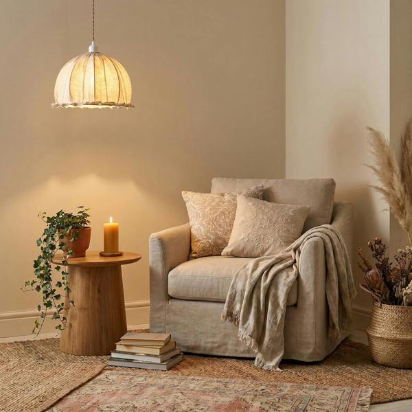 Linen Fabric Covered Ruffled Dome Shaped Ceiling Pendant Light Shade Image 6