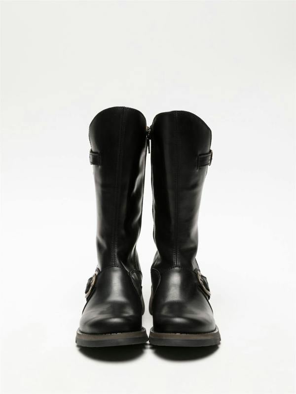 Fly London Womens Black MES 2 Wedge Heel Buckle Mid-Calf Leather Zip Platform Boots