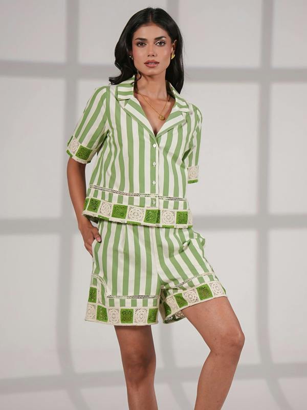 Rose & Nancy Helena Green Stripe Crochet Trim Cotton Resort Shirt
