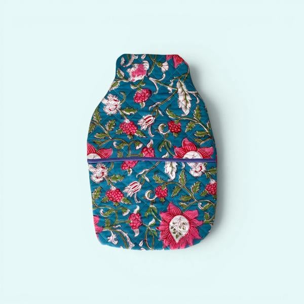 Hayley & Co Hot Water Bottle Cover - Teal and Pink Cotton Block Print