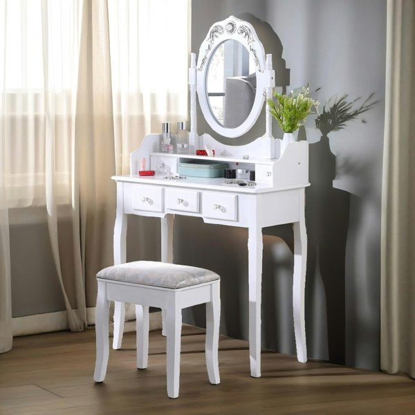 Rafaelo Mobilia 5 Drawer White Dressing Table With Round Mirror And Stool