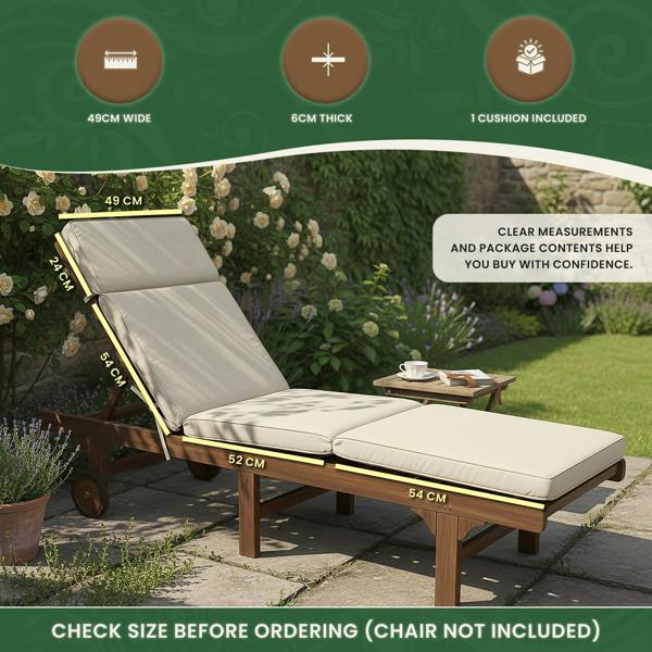 Steamer Chair Cushion – Outdoor Garden Seat Pad with 6cm Padding, Washable Cover & Adjustable Straps, Beige, 49cm Wide