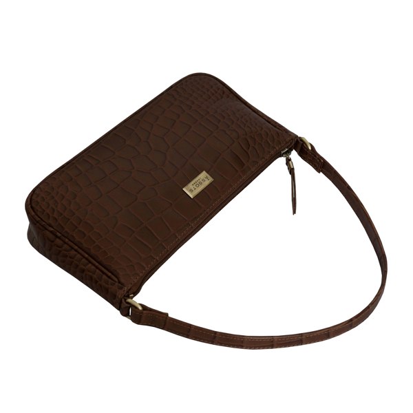 Assots London 'ZARA' Tan Croc Real Leather Baguette Shoulder Bag