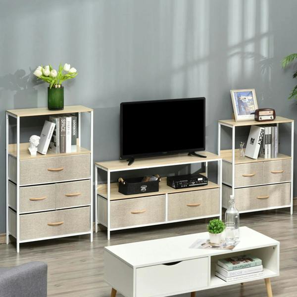 TV stand cabinet with TV on open shelf and two grey fabric drawers with wood handles