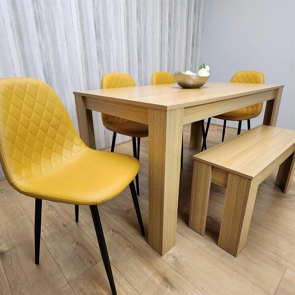 Kosy Koala Wooden Dining Table Set for 6 Oak Effect Table With 4 Mustard Gem Patterned  Chairs and 1 Bench