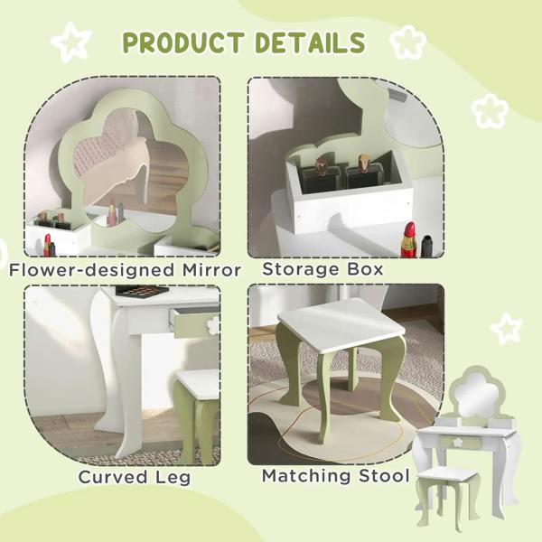 Vanity table set with flower mirror, storage box, curved legs, and matching stool