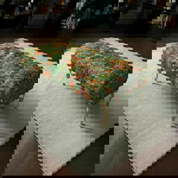 Luxury upholstered bedroom bench with artistic multi-toned designer fabric and elegant wooden legs