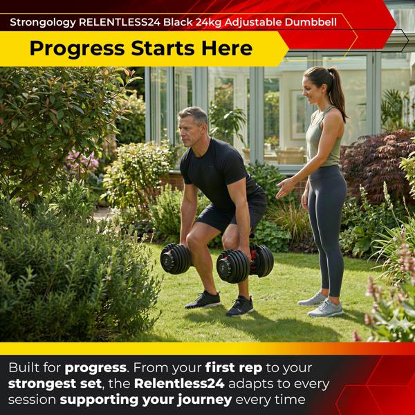 Strongology Relentless24 Pair Home Fitness Black Red Adjustable Smart Dumbbells from 2.5kg up to 24kg Training Weights