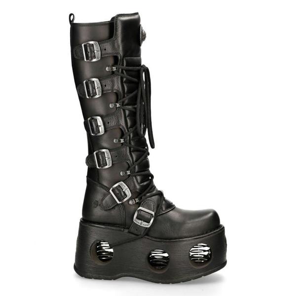New Rock M-272-S2 Neptuno Metallic Knee High Black Leather Gothic Boots