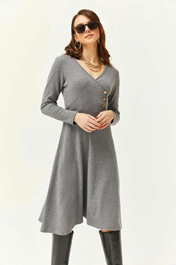 Hoxton Gal Double-Breasted Midi A-Line Dress with Button Details