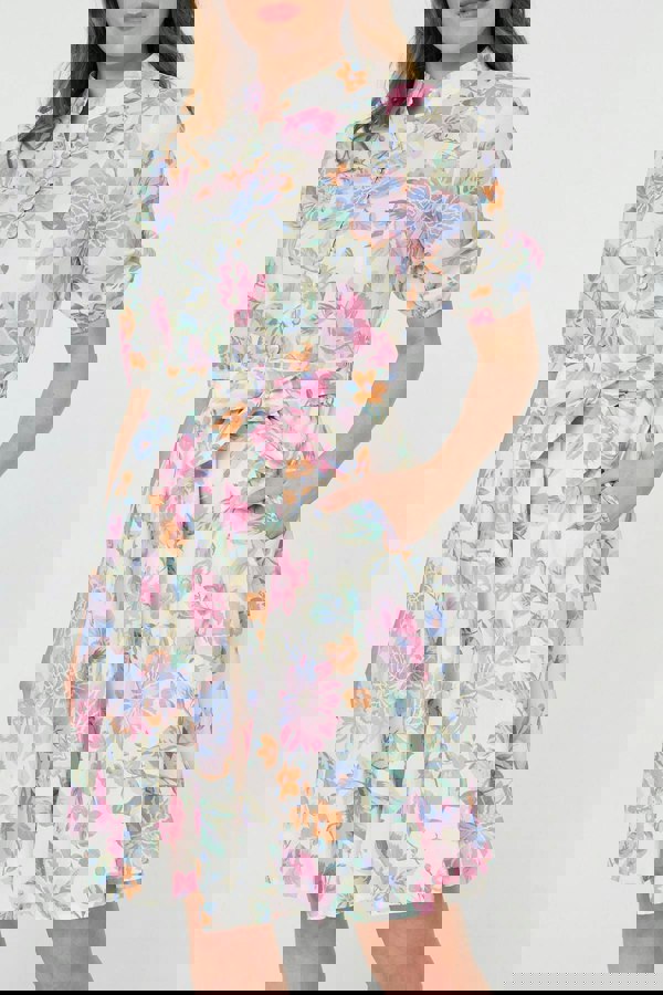 White | Floral Tie Waist Puff Sleeve Short Dress
