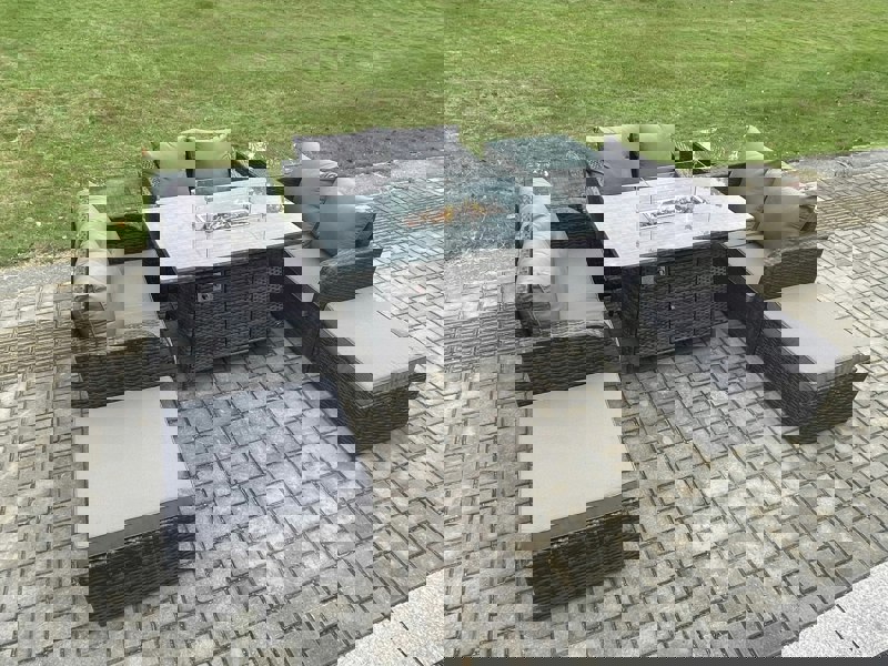 Fimous Rattan Outdoor Garden Furniture Sofa Set Gas Fire Pit Dining Table Gas Heater with 2 Side Tables Love Sofa 2 Big Footstool Dark Grey Mixed