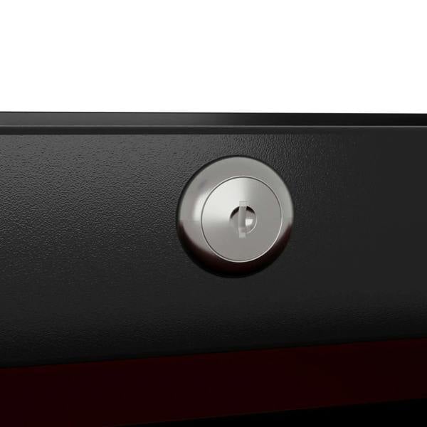 Lock cylinder on red 5-drawer steel tool chest front panel
