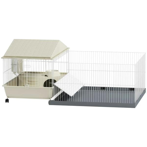 Beige small animal cage with removable playpen and ramp, white wire enclosure