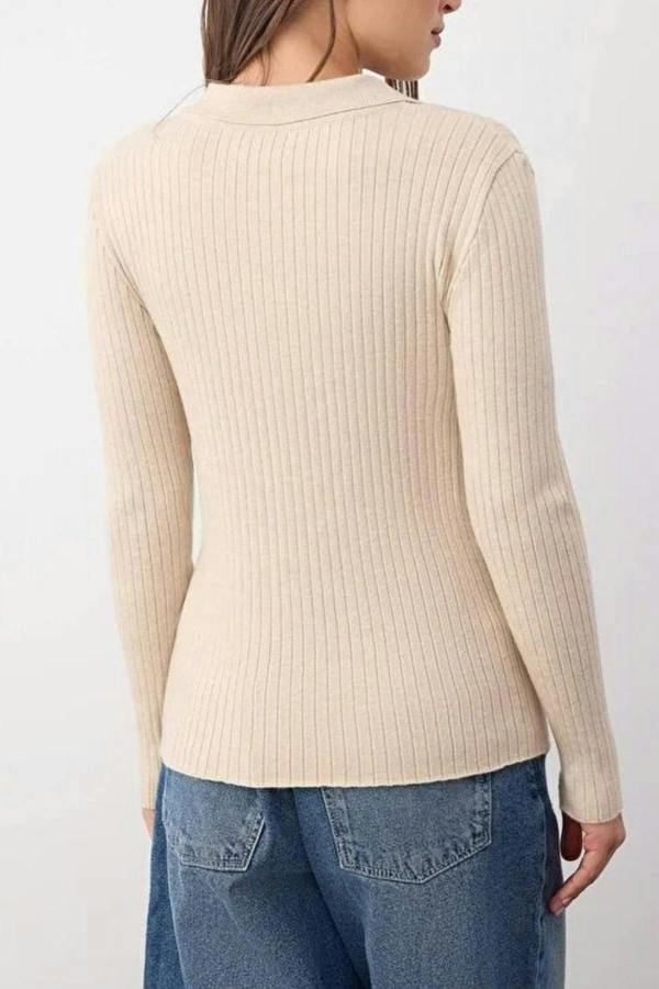 WOVCOR Polo Collar Ribbed Knit Sweater
