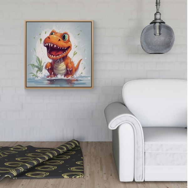 Warren Reed Dino Having A Splash Framed Canvas