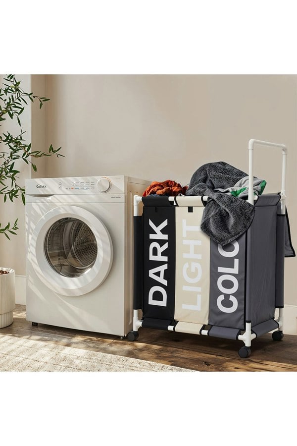 Living and Home 110L 3-Section Laundry Basket with Lid and Wheels