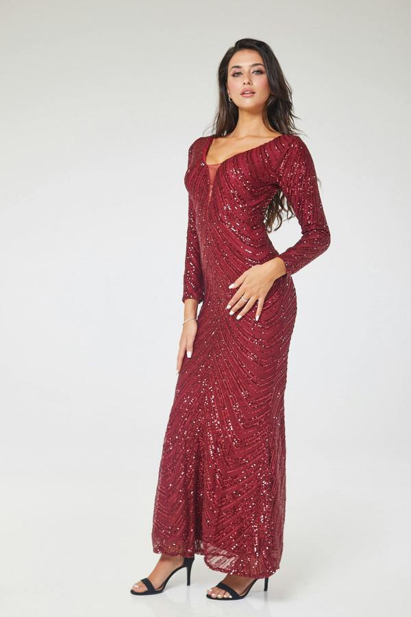 LuvForever Zoya - Wine Long Sleeve Sequin Maxi Dress