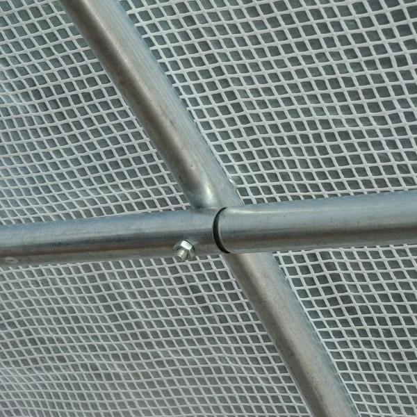 Galvanized metal frame joint connector on polytunnel greenhouse arched support tubes