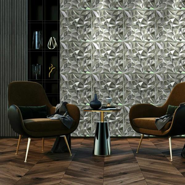 ENER-J 3D PVC Wall Panel, Faceted Diamond Design, Silver, Size: 500x500x1mm | Pack of 4