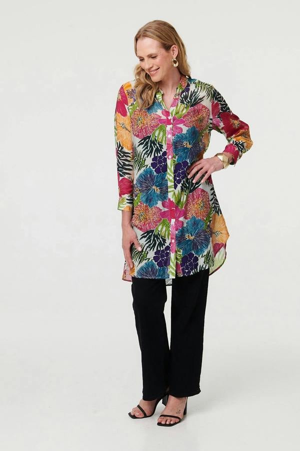 Pink | Floral Longline Long Sleeve Tunic Shirt