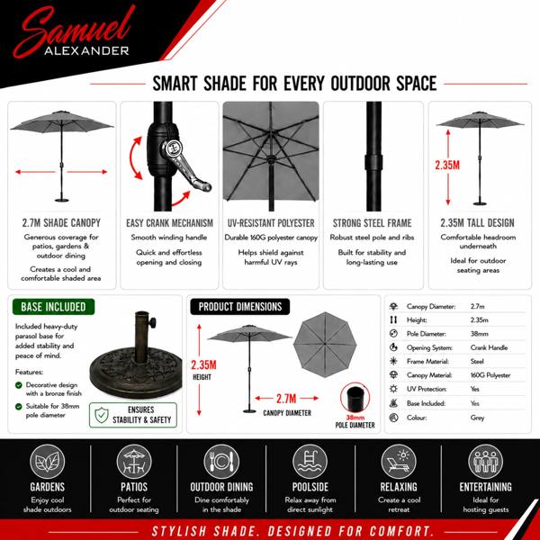 Samuel Alexander 2.7m Havana Garden Patio Parasol with Crank Handle in Grey with 9kg Base Included