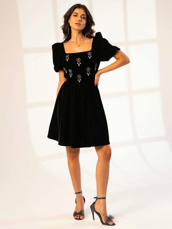 Rose & Nancy Jolene Black Hand Embellished Square Neck Velvet Mini Dress